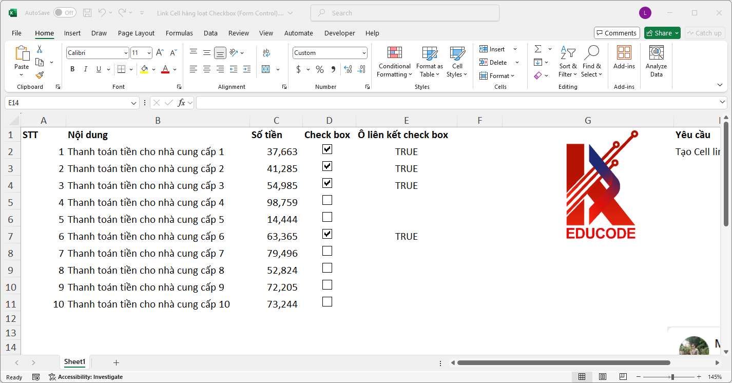 Link Cells hàng loạt checkbox